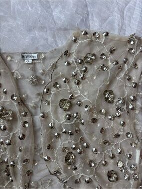 Moyna Champagne-Beige Beaded Mesh Top with Silver Sequins